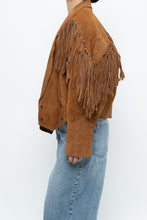 Load image into Gallery viewer, Vintage x Camel Suede Concho Cropped Fringe Jacket (S, M)