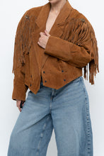 Load image into Gallery viewer, Vintage x Camel Suede Concho Cropped Fringe Jacket (S, M)