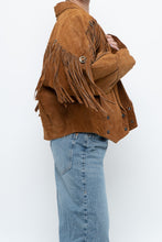 Load image into Gallery viewer, Vintage x Camel Suede Concho Cropped Fringe Jacket (S, M)