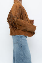 Load image into Gallery viewer, Vintage x Camel Suede Concho Cropped Fringe Jacket (S, M)