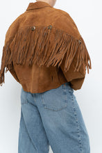Load image into Gallery viewer, Vintage x Camel Suede Concho Cropped Fringe Jacket (S, M)
