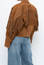 Load image into Gallery viewer, Vintage x Camel Suede Concho Cropped Fringe Jacket (S, M)