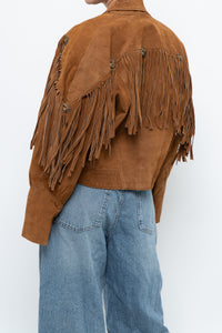 Vintage x Camel Suede Concho Cropped Fringe Jacket (S, M)