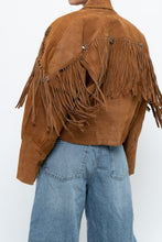 Load image into Gallery viewer, Vintage x Camel Suede Concho Cropped Fringe Jacket (S, M)