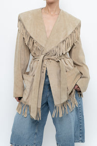 Vintage x Beige Suede Long Belted Fringe Jacket (S-L)