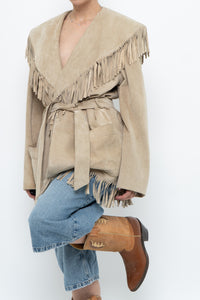 Vintage x Beige Suede Long Belted Fringe Jacket (S-L)