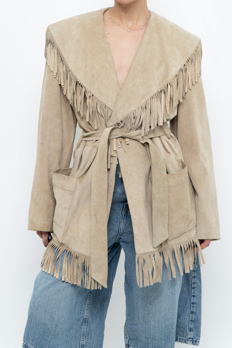 Vintage x Beige Suede Long Belted Fringe Jacket (S-L)