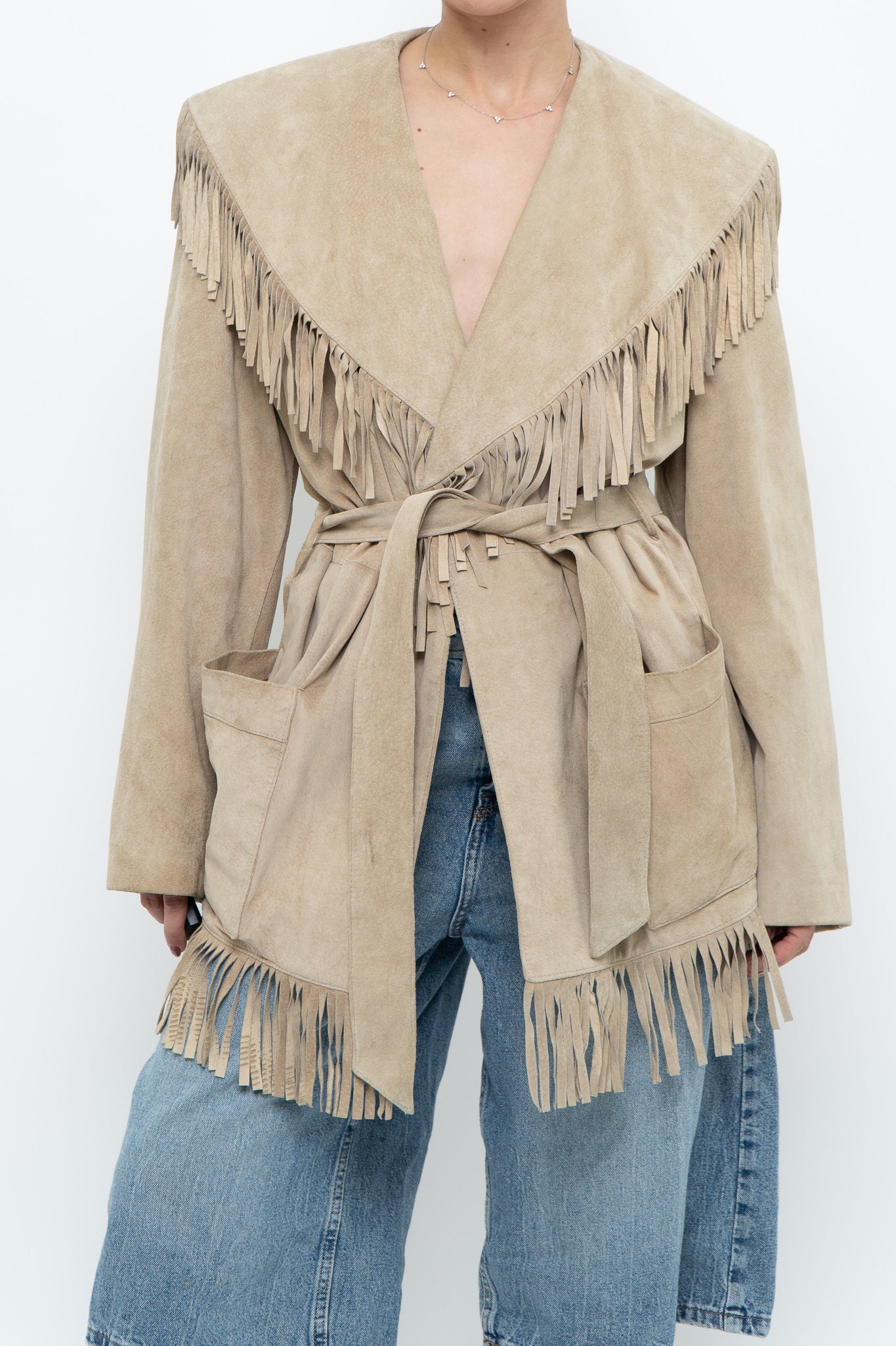 Vintage x Beige Suede Long Belted Fringe Jacket (S-L)