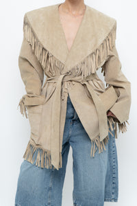 Vintage x Beige Suede Long Belted Fringe Jacket (S-L)