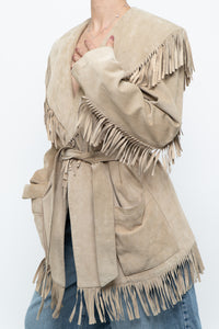 Vintage x Beige Suede Long Belted Fringe Jacket (S-L)