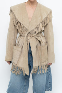 Vintage x Beige Suede Long Belted Fringe Jacket (S-L)