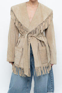 Vintage x Beige Suede Long Belted Fringe Jacket (S-L)