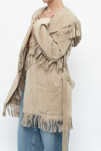 Vintage x Beige Suede Long Belted Fringe Jacket (S-L)