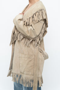 Vintage x Beige Suede Long Belted Fringe Jacket (S-L)