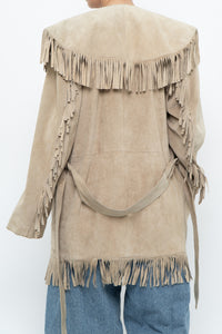 Vintage x Beige Suede Long Belted Fringe Jacket (S-L)