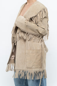 Vintage x Beige Suede Long Belted Fringe Jacket (S-L)