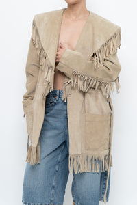 Vintage x Beige Suede Long Belted Fringe Jacket (S-L)