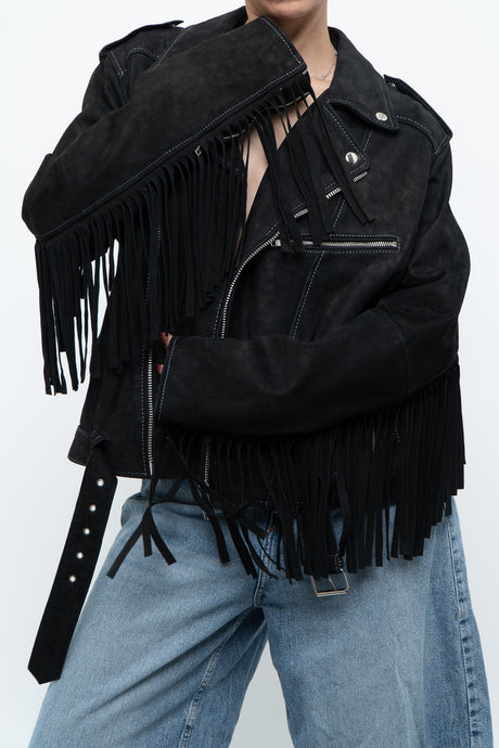 Vintage x Black Suede Fringe Leather Jacket (S-L)