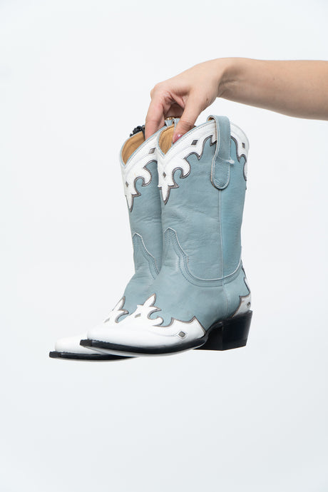 IDYLLWIND BLUEBELLE x Deadstock Blue, White Embroidered Leather Cowboy Boot (6, 6.5W)