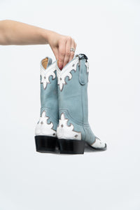 IDYLLWIND BLUEBELLE x Deadstock Blue, White Embroidered Leather Cowboy Boot (6, 6.5W)