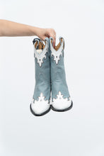 Load image into Gallery viewer, IDYLLWIND BLUEBELLE x Deadstock Blue, White Embroidered Leather Cowboy Boot (6, 6.5W)