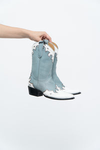 IDYLLWIND BLUEBELLE x Deadstock Blue, White Embroidered Leather Cowboy Boot (6, 6.5W)