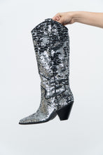 Load image into Gallery viewer, INC x Black, Silver Sequin Tall Cowboy Boots (8.5, 9W)