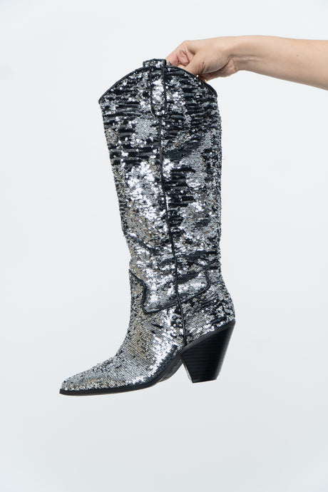 INC x Black, Silver Sequin Tall Cowboy Boots (8.5, 9W)