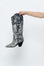 Load image into Gallery viewer, INC x Black, Silver Sequin Tall Cowboy Boots (8.5, 9W)