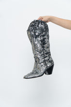 Load image into Gallery viewer, INC x Black, Silver Sequin Tall Cowboy Boots (8.5, 9W)