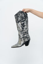 Load image into Gallery viewer, INC x Black, Silver Sequin Tall Cowboy Boots (8.5, 9W)