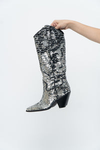 INC x Black, Silver Sequin Tall Cowboy Boots (8.5, 9W)