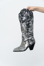 Load image into Gallery viewer, INC x Black, Silver Sequin Tall Cowboy Boots (8.5, 9W)