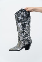 Load image into Gallery viewer, INC x Black, Silver Sequin Tall Cowboy Boots (8.5, 9W)