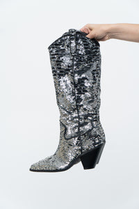 INC x Black, Silver Sequin Tall Cowboy Boots (8.5, 9W)