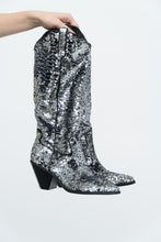 Load image into Gallery viewer, INC x Black, Silver Sequin Tall Cowboy Boots (8.5, 9W)