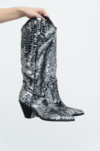 INC x Black, Silver Sequin Tall Cowboy Boots (8.5, 9W)