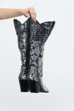 Load image into Gallery viewer, INC x Black, Silver Sequin Tall Cowboy Boots (8.5, 9W)