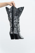 Load image into Gallery viewer, INC x Black, Silver Sequin Tall Cowboy Boots (8.5, 9W)