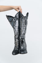 Load image into Gallery viewer, INC x Black, Silver Sequin Tall Cowboy Boots (8.5, 9W)