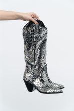 Load image into Gallery viewer, INC x Black, Silver Sequin Tall Cowboy Boots (8.5, 9W)