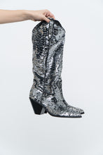 Load image into Gallery viewer, INC x Black, Silver Sequin Tall Cowboy Boots (8.5, 9W)