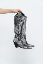 Load image into Gallery viewer, INC x Black, Silver Sequin Tall Cowboy Boots (8.5, 9W)