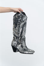 Load image into Gallery viewer, INC x Black, Silver Sequin Tall Cowboy Boots (8.5, 9W)