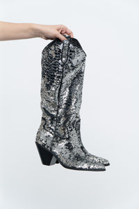 INC x Black, Silver Sequin Tall Cowboy Boots (8.5, 9W)