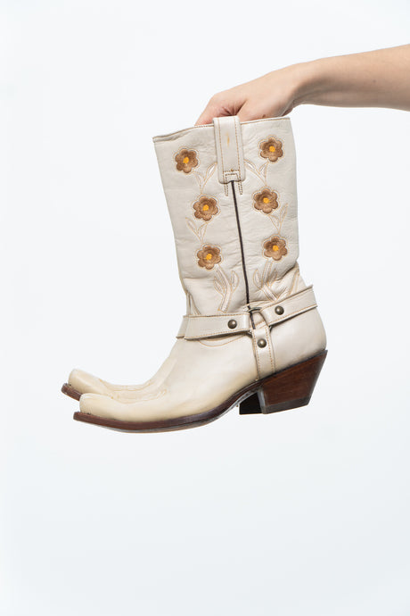 Vintage x RUDEL Cream Floral Butter Leather Cowboy Boots (6, 6.5W)