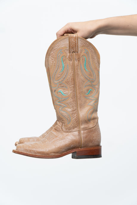 Vintage x NOCONNA Beige, Teal Embroidered Square-toe Cowboy Boots (6, 6.5W)