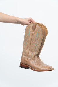 Vintage x NOCONNA Beige, Teal Embroidered Square-toe Cowboy Boots (6, 6.5W)