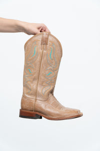 Vintage x NOCONNA Beige, Teal Embroidered Square-toe Cowboy Boots (6, 6.5W)