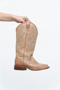 Vintage x NOCONNA Beige, Teal Embroidered Square-toe Cowboy Boots (6, 6.5W)
